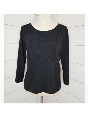 Eileen Fisher Black 100% Merino Wool Beaded Sweater Crew Neck 3/4 Sleeves M chic